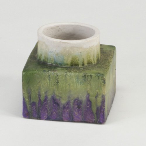 FANTONI: RAYMOR vessel with oval rim on square base, covered in white and green glaze dripping over purple. Touch-up to one edge. Marked "Fantoni Italy for Raymor." 5" x 5" x 4 3/4"