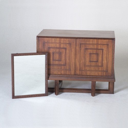 FRANK LLOYD WRIGHT: Two rare HENREDON pieces in the Taliesin pattern: two-door cabinet with concentric squares to door fronts, and single interior shelf, on platform base; and rectangular wall-hanging mirror. Mirror sten