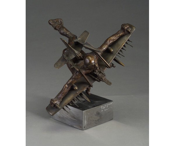 AL FARROW bronze sculpture, "Fall of Icar: AL FARROW bronze sculpture, "Fall of Icarus", 1984, with naked man straddling the top of a free-falling airplane laden with bombs and missiles, mounted on a burnished steel base. (From the artist's co
