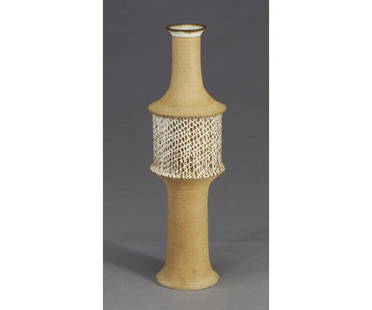 Fine WILLIAM WYMAN stoneware totemic ves: Fine WILLIAM WYMAN stoneware totemic vessel, 1956, with glazed interior and mostly unglazed exterior except for a cross-hatched mid-section covered in brown and white glaze. Signed Wyman/56. 14 3/4" x