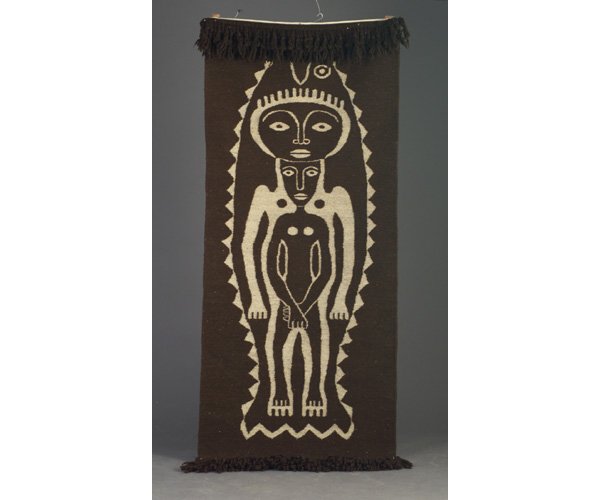 Fine and rare EDWIN and MARY SCHEIER wo: Fine and rare EDWIN and MARY SCHEIER woven wool tapestry, "Man in Fish," 1964, depicting a man and woman inside a fish, in ivory on dark brown ground. (Featured in the Scheier exhibit.) Unmarked. 90"