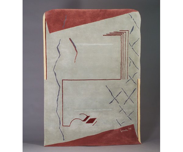 MICHAEL GRAVES cut-pile abstract area ru: MICHAEL GRAVES cut-pile abstract area rug, 1979, in shades of gray, burgundy and cream. Minor staining. Signed and dated Graves Œ79. 86" x 60"