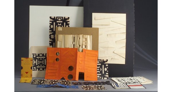 Collection of twenty-two ANGELO TESTA pa: Collection of twenty-two ANGELO TESTA paper-cutout pieces and some complete illustrations for paintings, c. 1973, in the Bauhaus style.