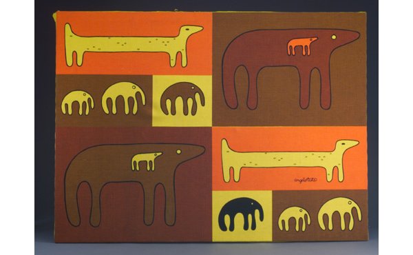 Large and exceptional ANGELO TESTA fabri: Large and exceptional ANGELO TESTA fabric hanging with repeated patterns of stylized quadrupeds in black, yellow, orange and brown. Printed signature. 38 1/4" x 51 1/2"