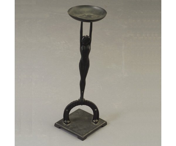 Fine FRANKART Art Deco standing ashtray: Fine FRANKART Art Deco standing ashtray with stylized nude atop an arch mounted to a square base. Stamped Frankart Inc, with patent no. 22" x 6 3/4"