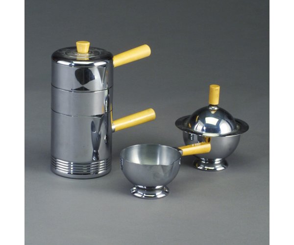 Three CHASE bright chrome pieces with ye: Three CHASE bright chrome pieces with yellow bakelite handles and finials: three-piece "Individual Coffee Set" designed by RUSSEL WRIGHT, creamer and covered sugar bowl. All marked. Coffee set: 6 1/2"