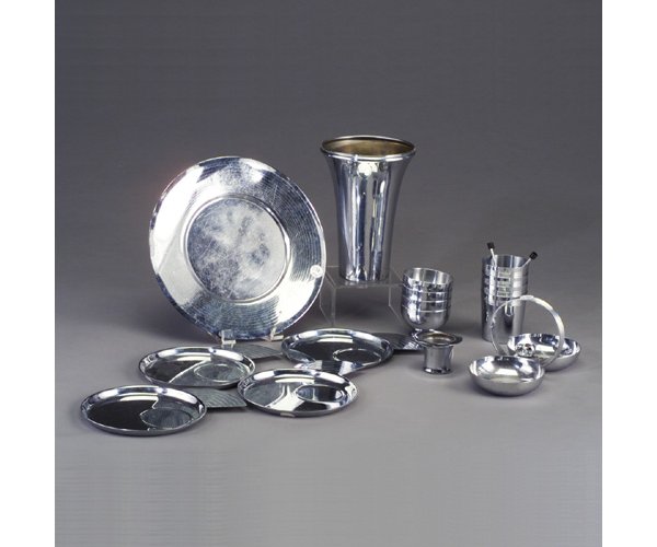 Lot of nineteen assorted CHASE bright ch: Lot of nineteen assorted CHASE bright chrome pieces: circular tray with etched rings around rim (scratches); "High Hat" jigger and four individual canape plates designed by LURELLE GUILD, with four co