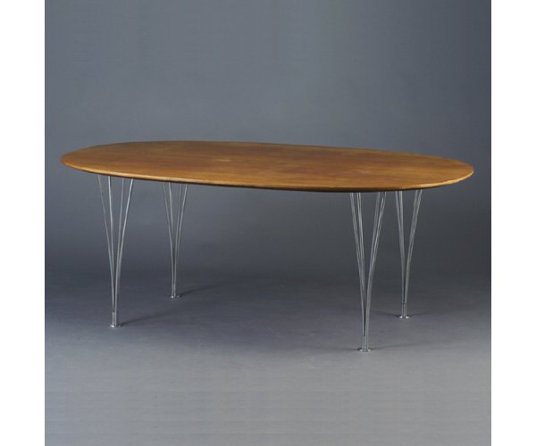 BRUNO MATHSSON dining table with oblong: BRUNO MATHSSON dining table with oblong walnut veneer top on four removable chromed wire legs. Chips and stains to top, dry original finish. Branded "Mathsson Original". 27 1/4" x 69" x 49 1/4"