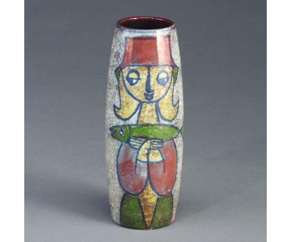 MICHAEL ANDERSEN & SON (Denmark) ovoid v: MICHAEL ANDERSEN & SON (Denmark) ovoid vase decorated with Turkish girl holding fish under a crackled, lustered polychrome glaze. A few glaze chips to base. Triangular stamp with fish, and "Denmark".