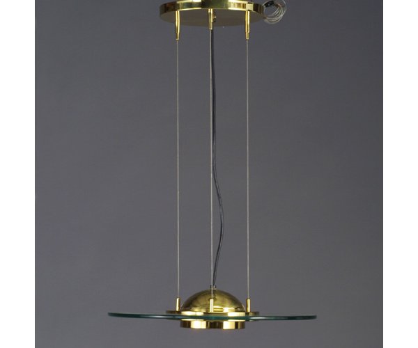 ROBERT SONNEMAN for GEORGE KOVACS contem: ROBERT SONNEMAN for GEORGE KOVACS contemporary lighting fixture, "Mack Floating Glass" pendant with brass components, adjustable cable suspension, and green-tinted polished glass disc. Paper label. 4"