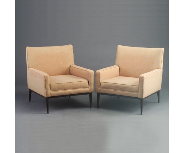 Pair of PAUL McCOBB "Planner Group" armc: Pair of PAUL McCOBB "Planner Group" armchairs upholstered in pink and ivory tweed on tapering dowel leg base. Small hole to upholstery on back of one, minor nicks to wood. Unmarked. 31" x 28" x 28"