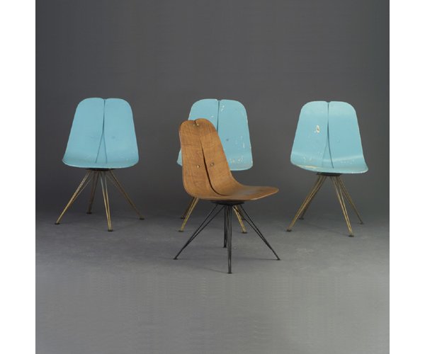 Four rare STEELCRAFT (Millbury, MA) bent: Four rare STEELCRAFT (Millbury, MA) bentwood chairs, three with blue enamel finish and one in natural, on wire leg swivel bases. (Designed by Steelcraft owner Iver Bertelsen, c. 1945, only a few of th