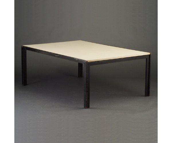 VAN KEPPEL-GREEN "Quarto" dining table: VAN KEPPEL-GREEN "Quarto" dining table with black enameled aluminum frame and inset beige laminate top. Some pitting and enamel loss. Unmarked, catalog #600-22-95. 27" x 72" x 50"