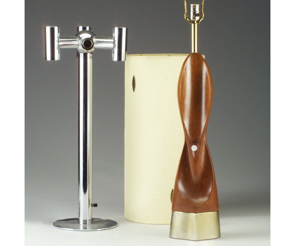 Two lamps: ROBERT SONNEMAN bright chrom: Two lamps: ROBERT SONNEMAN bright chrome table lamp, with eight radiating fixtures missing spherical bulbs, and a carved wood table lamp with cylindrical linen shade. One marked SONNEMAN. 28" and 31"