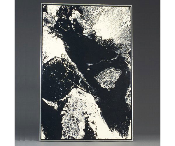 RICHARD MANN acrylic on board abstract: RICHARD MANN acrylic on board abstract composition in black, gray and white, mounted in a black and silver enameled box frame. Signed R. Mann. 36" x 24"