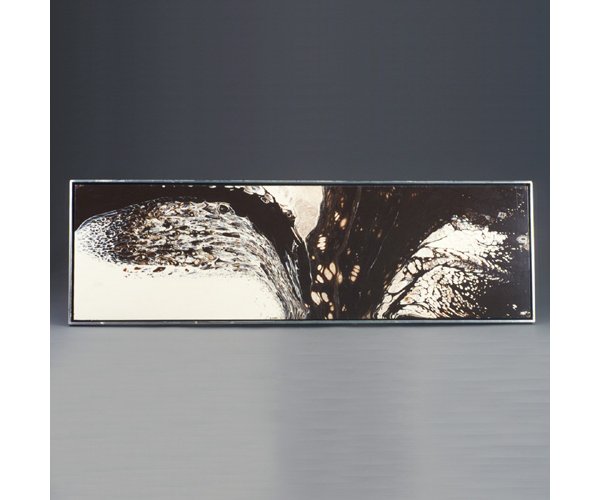 RICHARD MANN acrylic on board abstract: RICHARD MANN acrylic on board abstract composition in browns, blues and white, mounted in a black and silver enameled box frame. Signed R. Mann. 14" x 48 1/2"