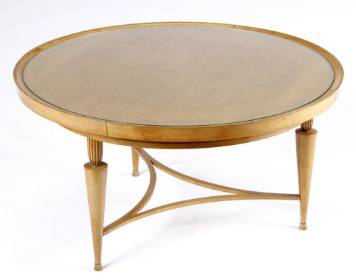 ANDRE ARBUS Three-legged maple coffee table with gl: ANDRE ARBUS Three-legged maple coffee table with glass top. 17 3/4" x 33 1/2"