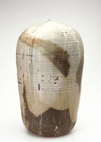 TOSHIKO TAKAEZU Large stoneware Moon Pot covered i: TOSHIKO TAKAEZU Large stoneware Moon Pot covered in lavender, celadon and brown dead-matte glaze, with internal rattle. Marked TT. 23 1/2" x 12 1/2"