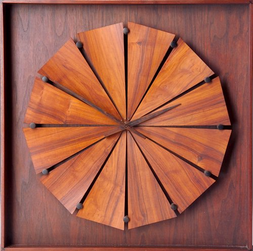 JERE OSGOOD Walnut and rosewood wall clock, c. 197: JERE OSGOOD Walnut and rosewood wall clock, c. 1970. Signed "Jere Osgood" in script, verso. 15 3/4" x 15 3/4" x 4"
