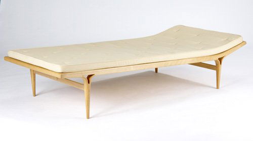 BRUNO MATHSSON/KARL MATHSSON Maple daybed upholste: BRUNO MATHSSON/KARL MATHSSON Maple daybed upholstered in tufted fabric. Bruno Mathsson and Karl Mathsson branded marks. 18" x 37 1/4" x 76"