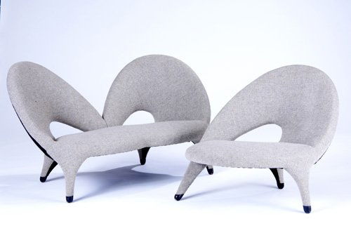 FOLKE JANSSON/FRITZ HANSEN Arabesque lounge chair: FOLKE JANSSON/FRITZ HANSEN Arabesque lounge chair and loveseat upholstered in two fabrics. 30" x 29 1/2" x 27" and 30 1/2" x 57 1/2" x 24"
