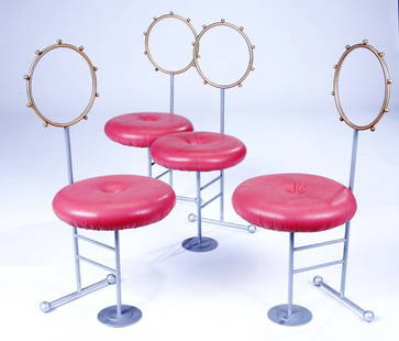 LUIGI SERAFINI/SAWAYA & MORONI Set of four Santa e: LUIGI SERAFINI/SAWAYA & MORONI Set of four Santa enameled metal side chairs with pink leather seats. Foil labels. 38" x 16 1/2" x 16 1/2"