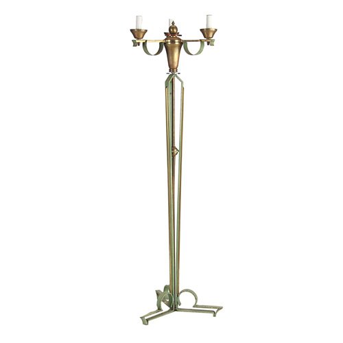 ANDRE ARBUS (Attr.) Floor lamp with three fixtures: ANDRE ARBUS (Attr.) Floor lamp with three fixtures, on brass and green-patinated metal base. 69" x 19"