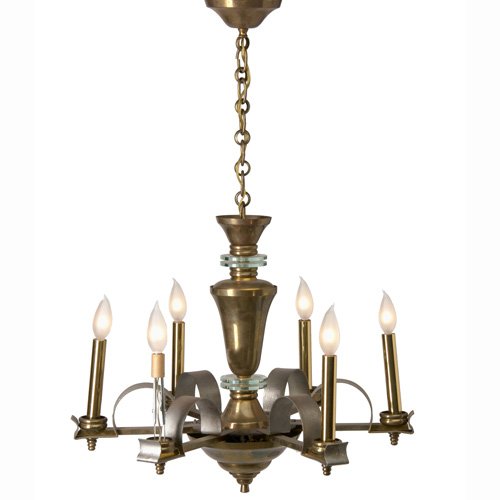 ANDRE ARBUS (Attr.) Six-arm chandelier in brass w: ANDRE ARBUS (Attr.) Six-arm chandelier in brass with glass discs.