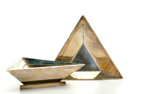 ELSA TENNHARDT/E&J BASS CO. Pair of silver-plated: ELSA TENNHARDT/E&J BASS CO. Pair of silver-plated triangular dishes. Stamped E. & J.B. 1 3/4" x 6" x 6"