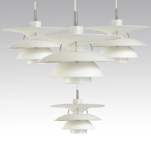 EBBE CHRISTENSEN, SOPHUS FRANDSEN, POUL HENNINGSE: EBBE CHRISTENSEN, SOPHUS FRANDSEN, POUL HENNINGSEN/LOUIS POULSEN Four Charlottenborg PH5-4.5 enameled metal hanging fixtures. All with Louis Poulsen paper labels and model no. 17114. Each approx. 22"