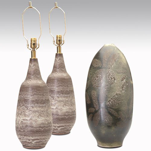 DESIGN TECHNICS Three ceramic lamp bases in brown: DESIGN TECHNICS Three ceramic lamp bases in brown mottled glazes. Largest: 26" x 12"