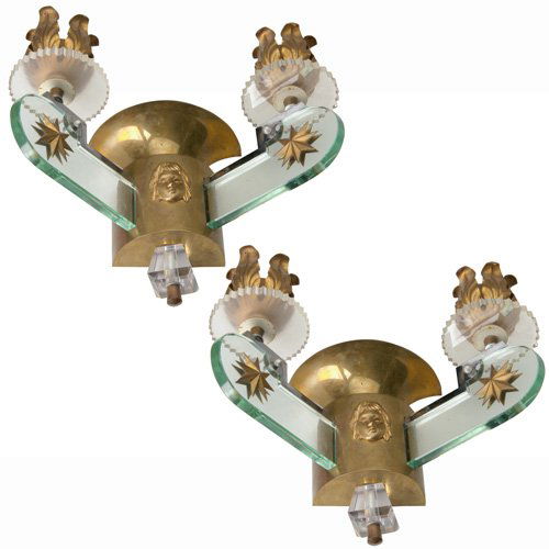 STYLE OF ANDRE ARBUS Pair of gilt metal and glass: STYLE OF ANDRE ARBUS Pair of gilt metal and glass two-light electrified wall sconces. Ummarked. 11" x 13" x 7"