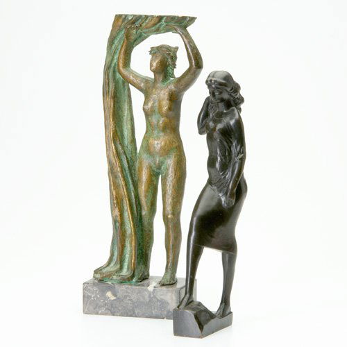 PIERRE TRAVERSE/AVIO Two bronze sculptures of wom: PIERRE TRAVERSE/AVIO Two bronze sculptures of women: one by Traverse of a lady walking; one by Avio with drapery in gold and verdigris patinas on a marble base. Both signed. 12" and 14"
