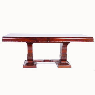 PIERRE-PAUL MONTAGNAC (French, 1883-1961) Fine ex: PIERRE-PAUL MONTAGNAC (French, 1883-1961) Fine extension dining table with two 16" leaves, on trestle base. Stamped "P.P. Montagnac" on frame. Closed: 30 1/4" x 77 3/4" x 39 3/4"