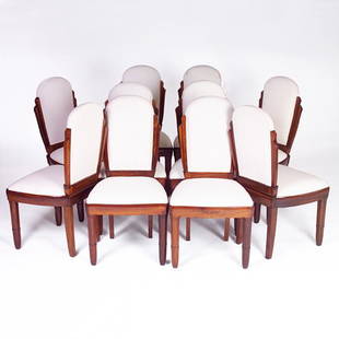 PIERRE-PAUL MONTAGNAC Set of ten dining side chai: PIERRE-PAUL MONTAGNAC Set of ten dining side chairs with white muslin upholstery. Unmarked. 39" x 20" x 17 1/2"