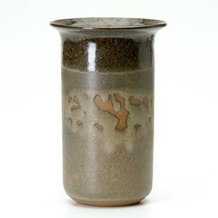 WILLIAM WYMAN Cylindrical vase with brown drippin: WILLIAM WYMAN Cylindrical vase with brown dripping glaze, 1962. Signed W/W/Wyman/62. 7 1/4" x 4 3/4"
