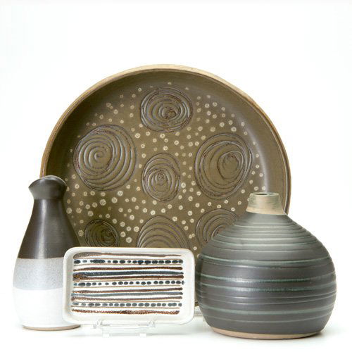 GORDON MARTZ/MARSHALL STUDIOS Four ceramic items: GORDON MARTZ/MARSHALL STUDIOS Four ceramic items: low center bowl, squat vase, small tray, and ovoid vase. All but bowl signed Martz, squat vase with Marshall Studios label. Bowl: 2 1/4" x 12 1/4"