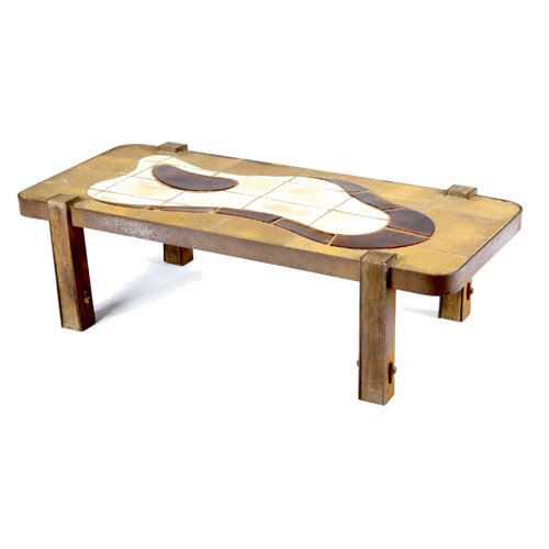 STYLE OF ROGER CAPRON Tile-top coffee table with: STYLE OF ROGER CAPRON Tile-top coffee table with biomorphic form in brown and ivory glazes, in an iron and wood frame. 14" x 47 1/2" x 21 3/4"