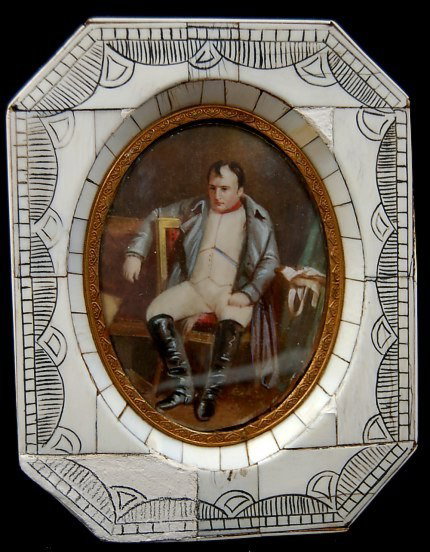 Antique 19th century miniature: Antique 19th century miniature painting on ivory depicting Napoleon in the original mosaic bone frame, the image measuring 3.25" x 2.5" with old repairs to the frame, image is excellent