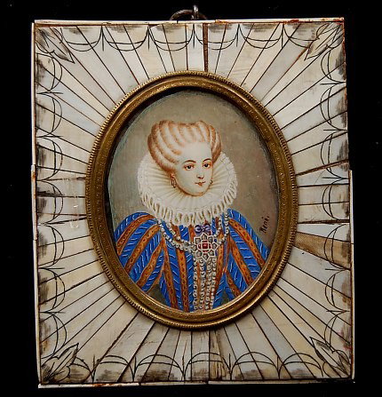 Antique 19th century miniature: Antique 19th century miniature painting on ivory depicting a Victorian aristocrat in original mosaic bone frame (some pieces missing on the edges) artist signed, the image measuring 3" x 2.25"