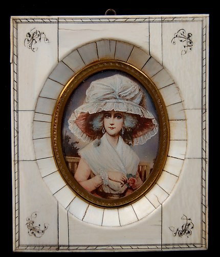 Very nice antique 19th century miniature: Very nice antique 19th century miniature painting on ivory depicting a woman with a large hat in the original mosaic bone frame, the image measuring 2.75" x 2.125"