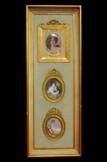 Mid 19th century 3 piece suite of miniatures: Mid 19th century 3 piece suite of French and German hand painted miniatures on ivory and porcelain, the first depicting Queen Louise of Prussia, the second by renowned miniature artist Mademoiselle Ri