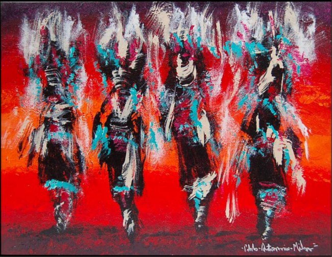 Milan acrylic on canvas: Pablo Antonio Milan (né 1961) acrylic on canvas depicting kachina dancers, the image measuring 16" x 20", signed lower right
