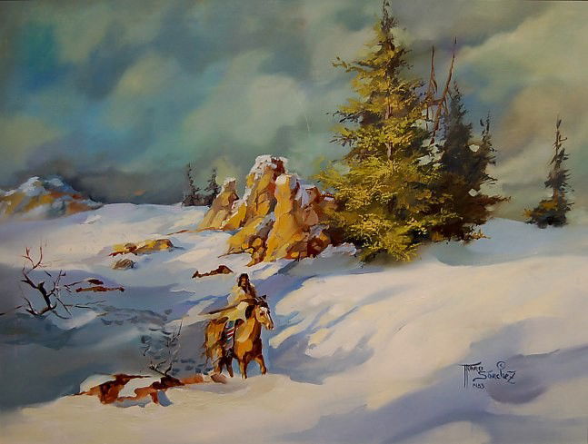 Triura Sanchez original oil of an Indian: Triura Sanchez (regional) original oil on canvas depicting a lone Indian on horseback, the image measuring 30" x 40", nicely framed measuring 38.5" x 49.5"