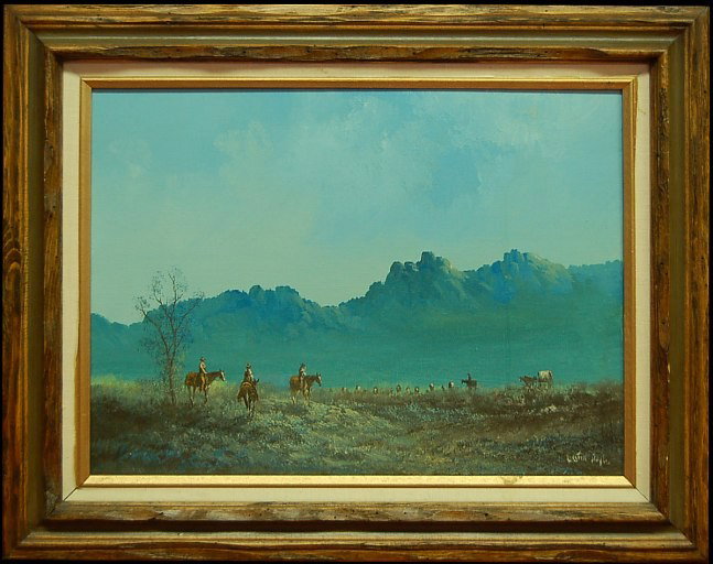 Lester Hughes original oil painting: Lester Hughes original oil painting on canvas depicting cowboys watching over a wagon train, the image measuring 12" x 15.5" signed lower right