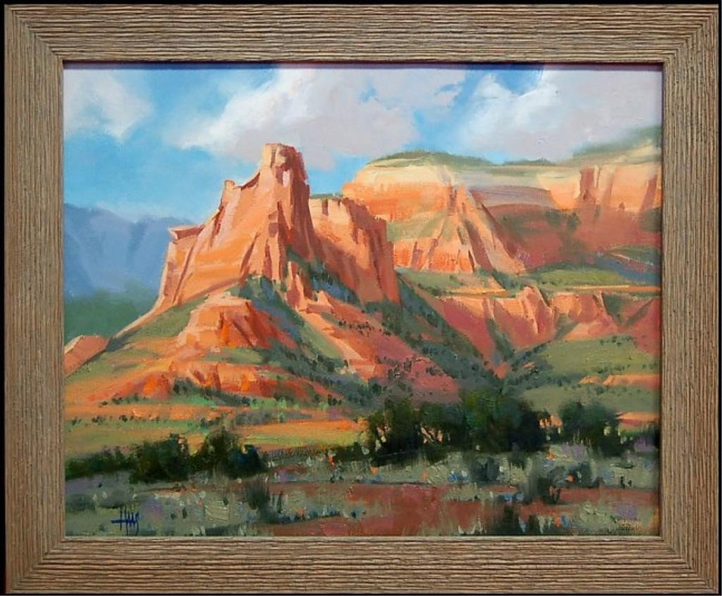Tom Haas original oil on board: Tom Haas (né 1952) Arizona, original oil on board depicting the Sedona Red Rocks, the image measuring 16" x 20" in custom frame, signed lower left,