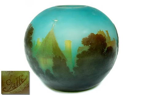 Gallé cased Art Glass cameo bowl: Incredible Gallé cased Art Glass acid etched cameo bowl depicting a village scene behind trees, olive brown cut to blue with amber, greens and blues measuring 7" x 9" with extraordinary detail, one i