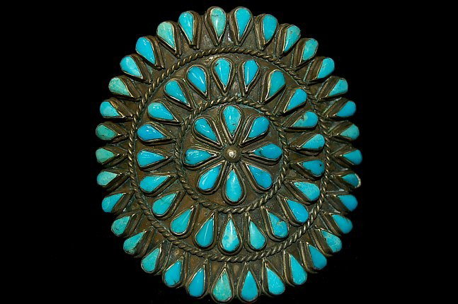 Vintage Navajo old pawn sterling turquoise cuff: Vintage Navajo old pawn sterling turquoise petit point cuff set with 63 hand cut turquoise cabochons, each register surrounded by sterling twist wire, measuring 2.875" wide weighing 55.6 grams c.1950