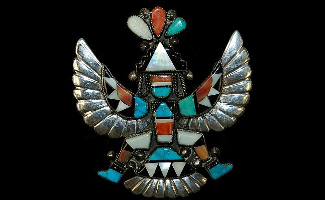 Zuni sterling Knifewing pin: Zuni sterling Knifewing pin by Ruth Mead hand inlaid with 56 stones to include mother of pearl, turquoise, spiny oyster and jet measuring 2.9" x 2.7" artist signed
