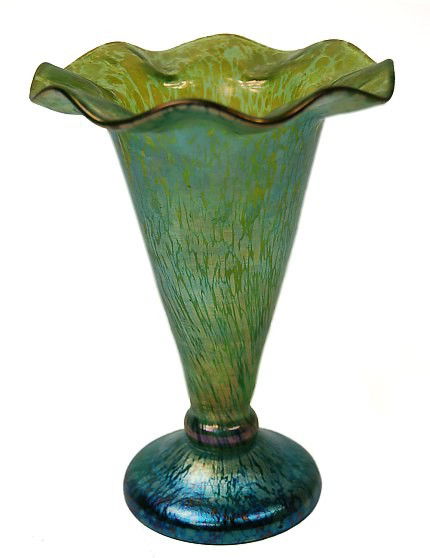 Loetz Art Deco irridescent trumpet vase: Loetz Art Deco iridescent blue-green trumpet vase with ruffled rim measuring 6.25" tall x 4.5" diameter c.1910-1920, excellent condition